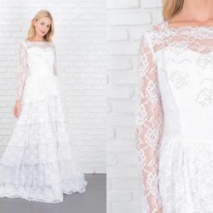Vintage 70s Wedding Dress Tiered Floral Lace Train Beaded Sheer Sleeve XS Small